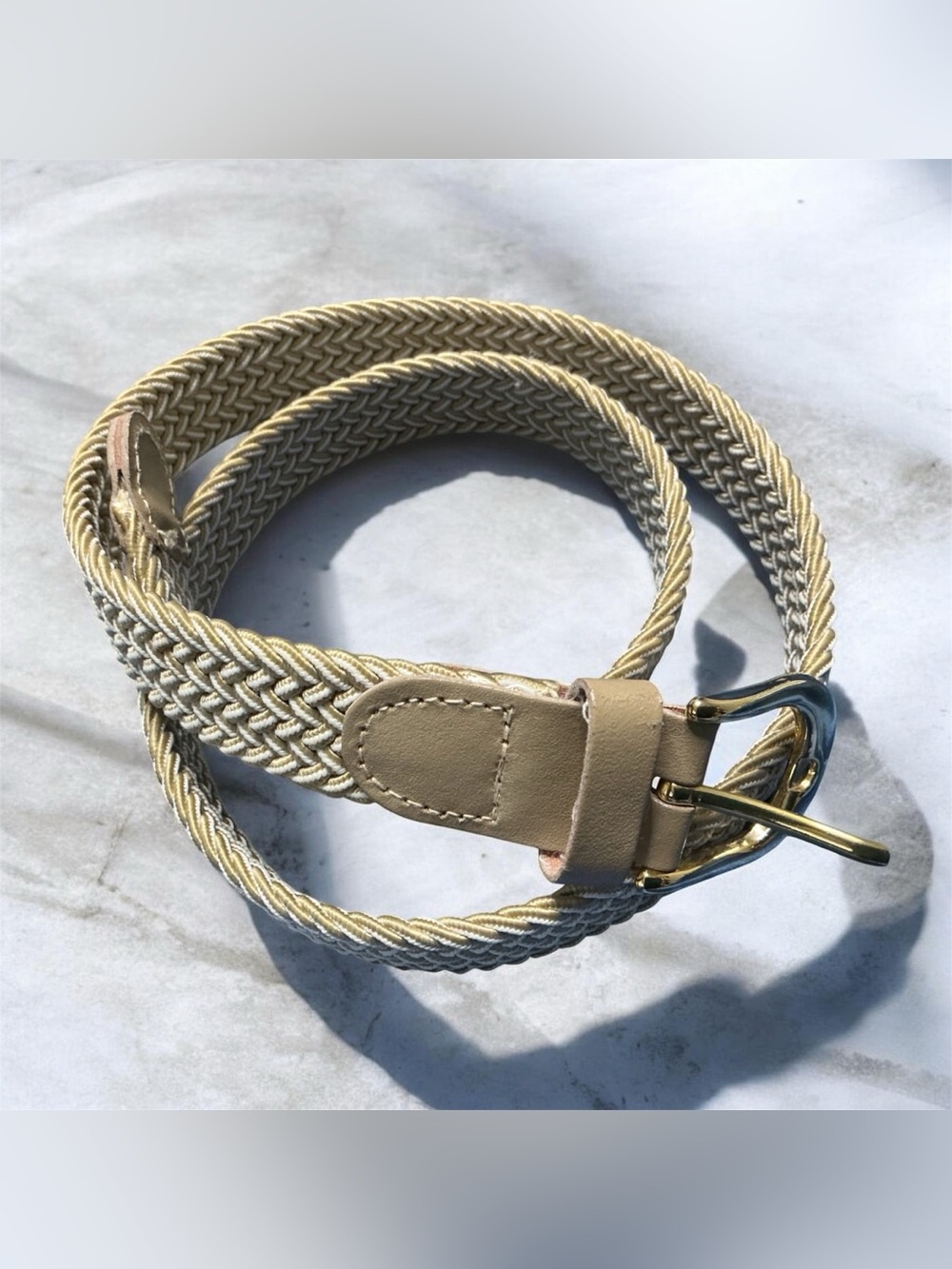Women’s Braided Elastic Stretch Belt Gold Buckle Leather Tip Waist Belt NWOT